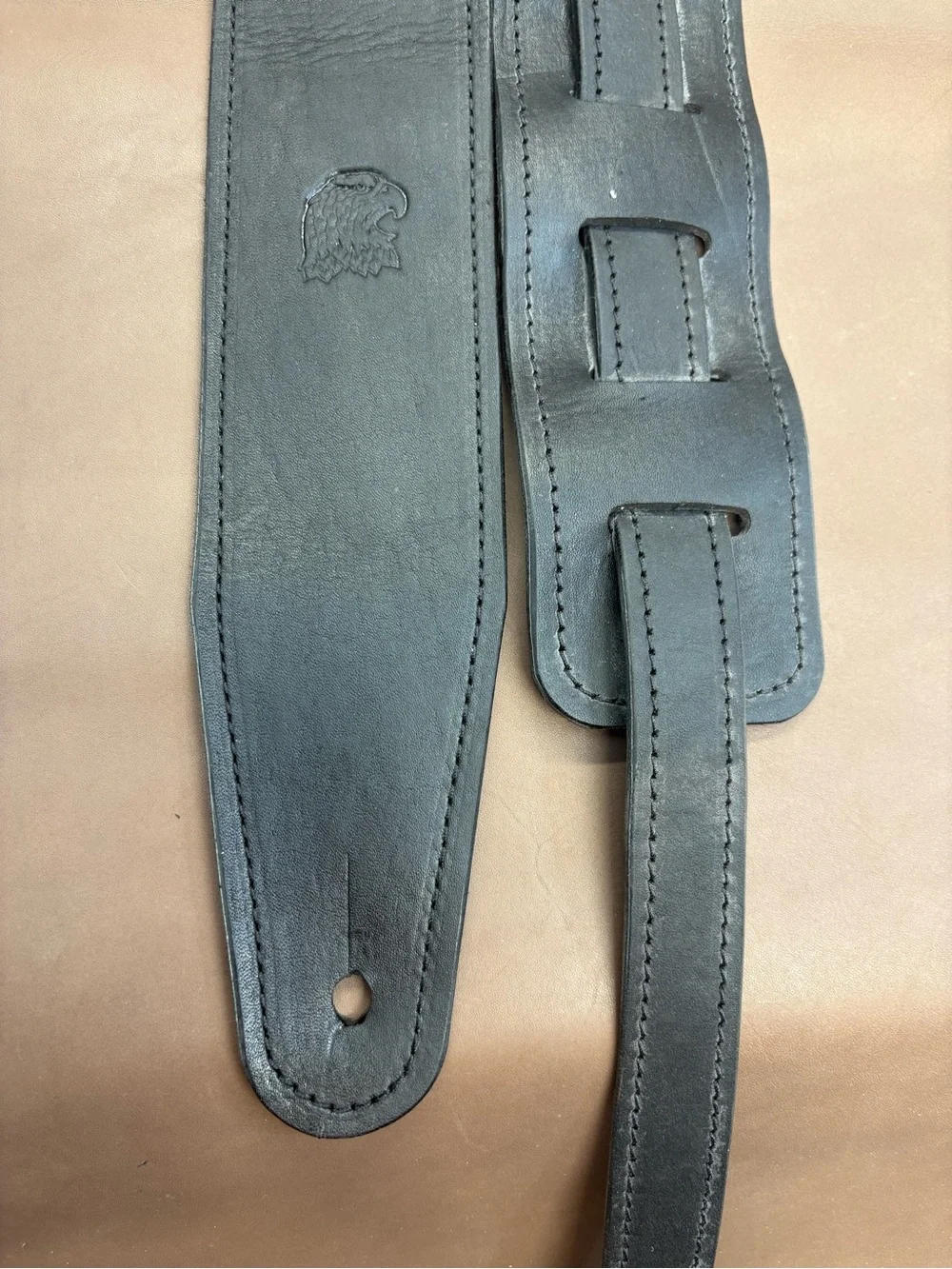 Black Leather Handcrafted Guitar Strap with Stamped Eagle Head Logo - Picture 3 of 7